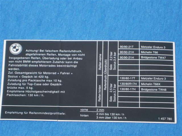 Hinweisschild Reifendruck R80GS,100GS